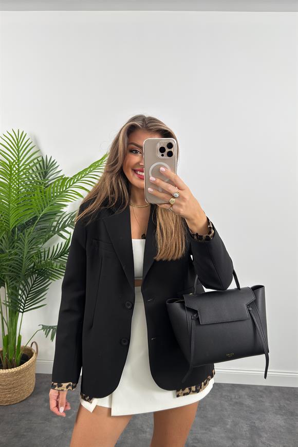 Premium Seri Leopar Detaylı Siyah Blazer Ceket
