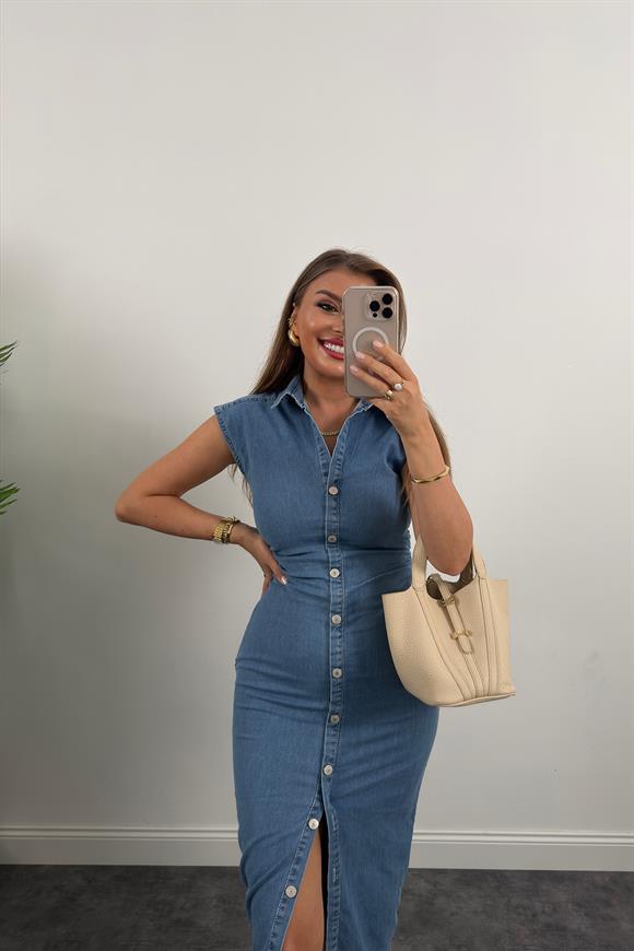 Premium Seri Likralı Drapeli Midi Boy Jean Elbise Açık Mavi