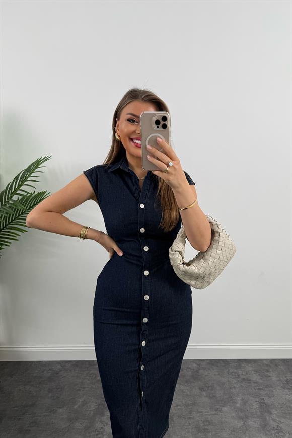 Premium Seri Likralı Drapeli Midi Boy Jean Elbise Lacivert