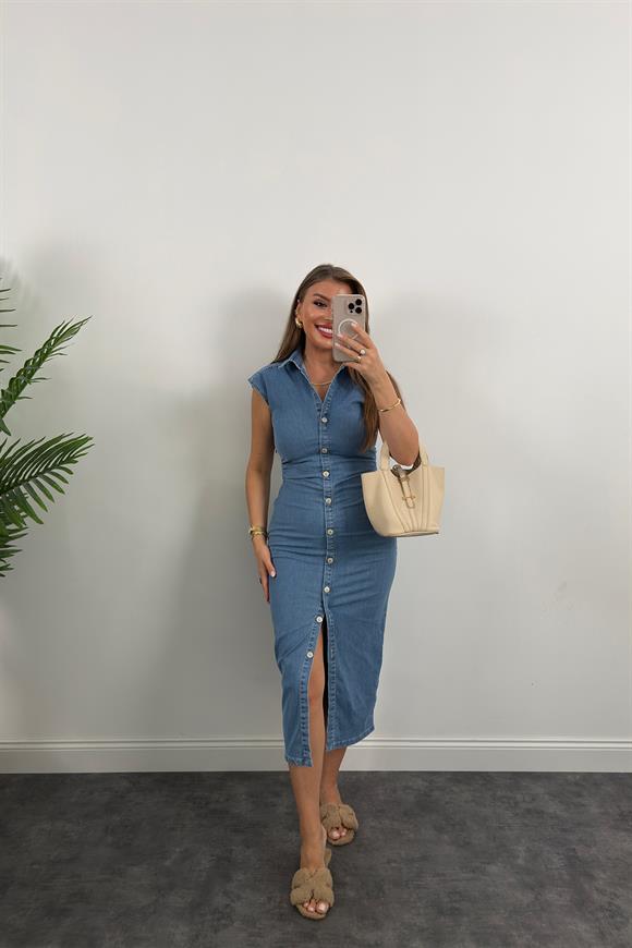 Premium Seri Likralı Drapeli Midi Boy Jean Elbise Açık Mavi