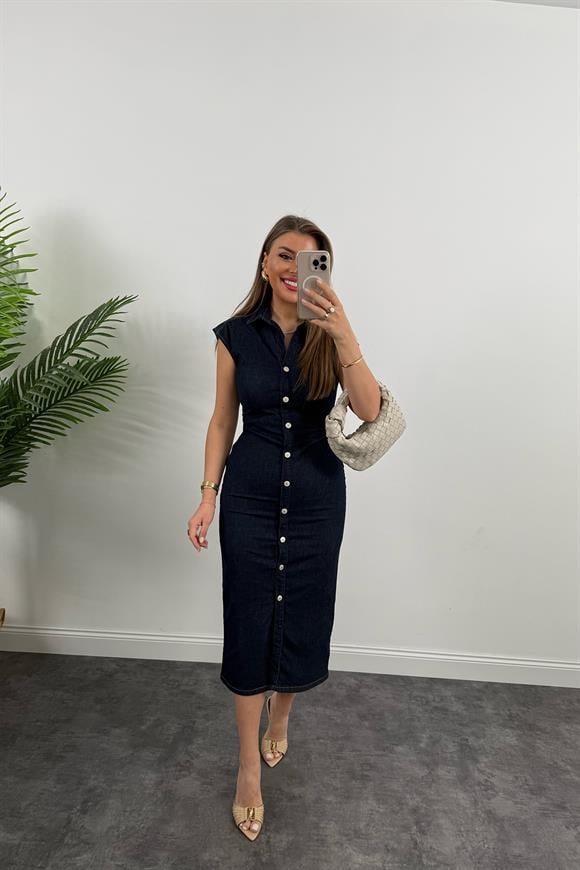 Premium Seri Likralı Drapeli Midi Boy Jean Elbise Lacivert