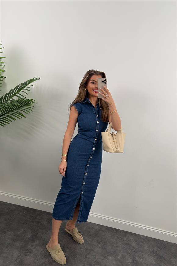 Premium Seri Likralı Drapeli Midi Boy Jean Elbise