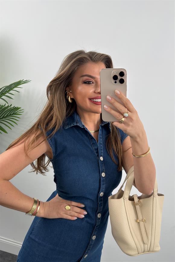 Premium Seri Likralı Drapeli Midi Boy Jean Elbise