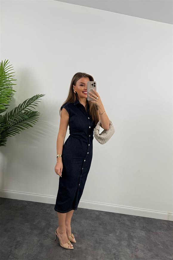 Premium Seri Likralı Drapeli Midi Boy Jean Elbise Lacivert