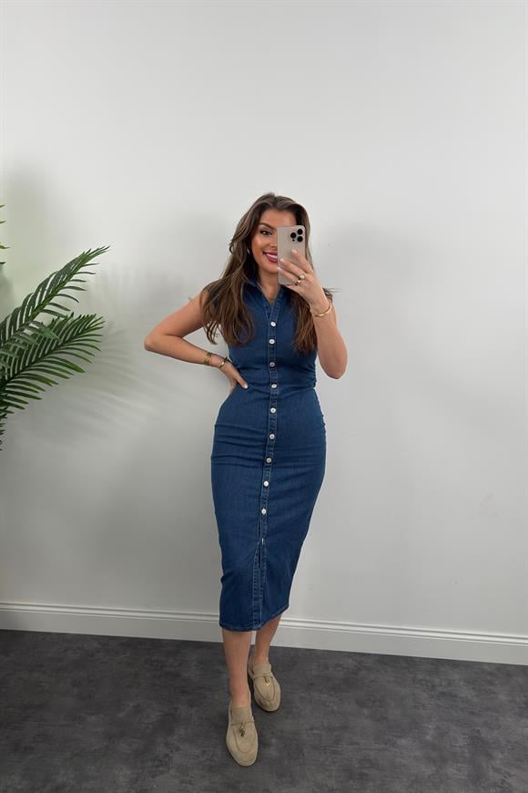 Premium Seri Likralı Drapeli Midi Boy Jean Elbise