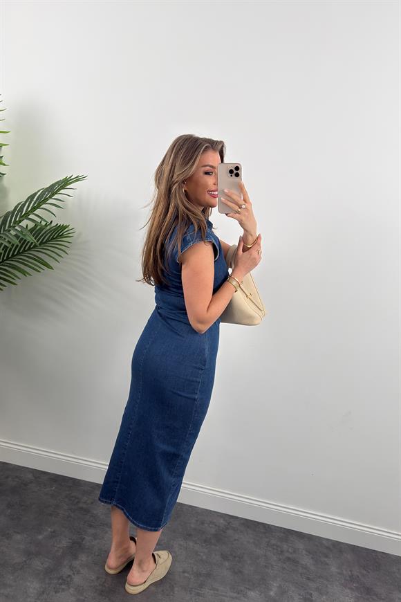 Premium Seri Likralı Drapeli Midi Boy Jean Elbise