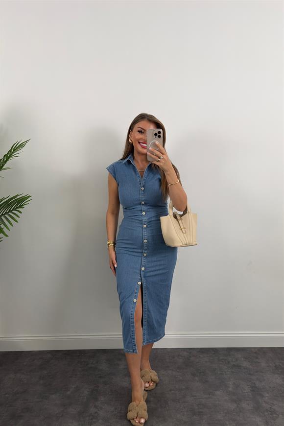 Premium Seri Likralı Drapeli Midi Boy Jean Elbise Açık Mavi