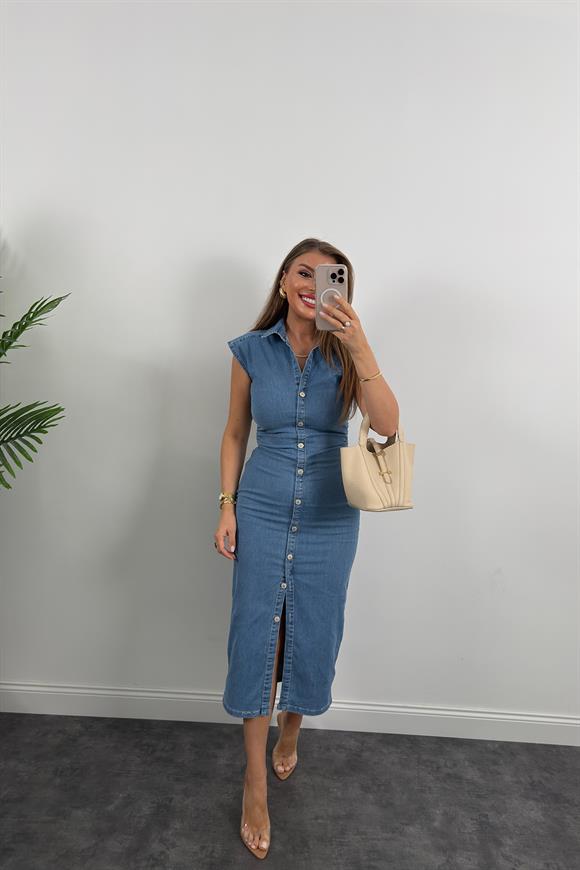 Premium Seri Likralı Drapeli Midi Boy Jean Elbise Açık Mavi