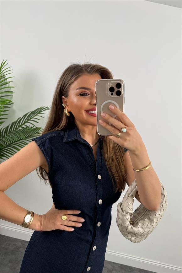 Premium Seri Likralı Drapeli Midi Boy Jean Elbise Lacivert