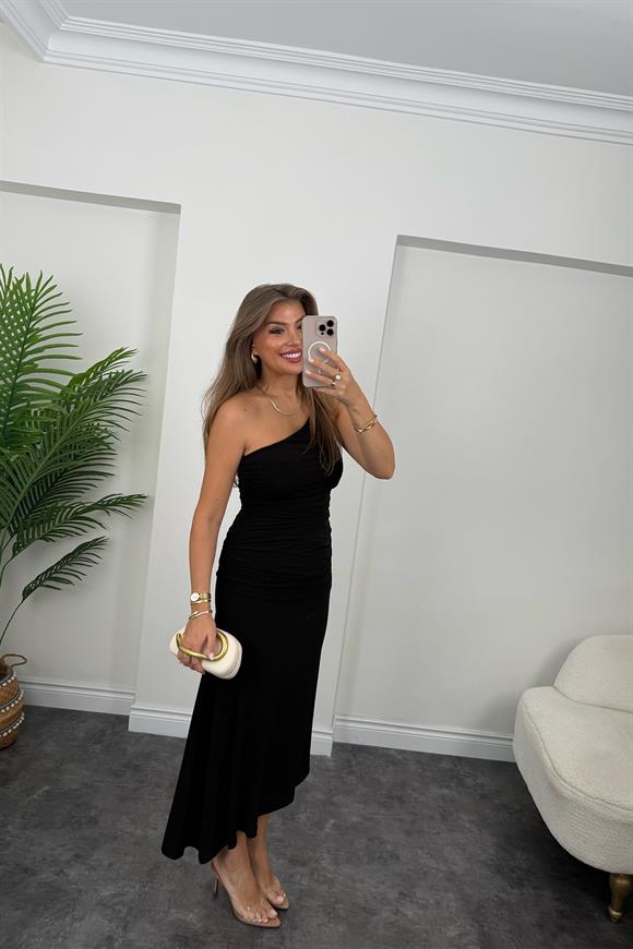 Premium Seri Likralı Drapeli Tek Omuz Asimetrik Elbise Siyah