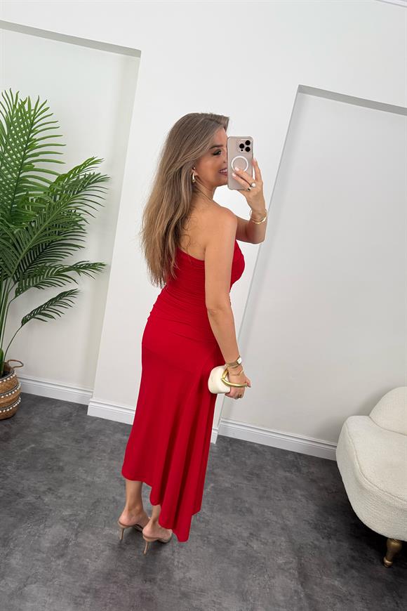 Premium Seri Likralı Drapeli Tek Omuz Asimetrik Elbise Kırmızı