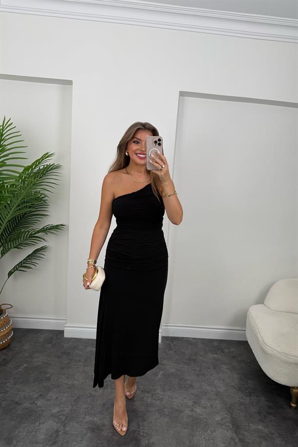 Premium Seri Likralı Drapeli Tek Omuz Asimetrik Elbise Siyah