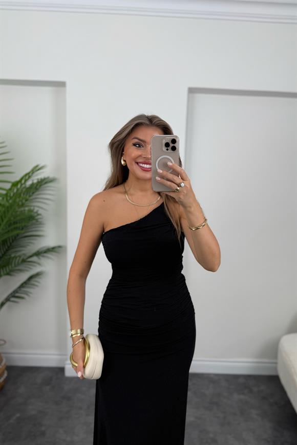 Premium Seri Likralı Drapeli Tek Omuz Asimetrik Elbise Siyah