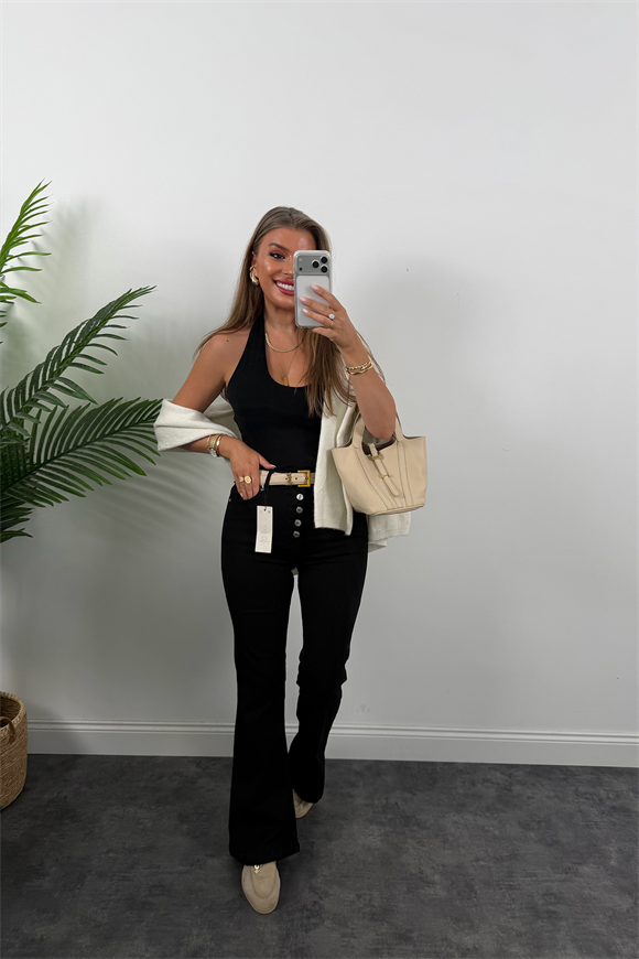 Premium Seri Likralı Düğmeli İspanyol Jean Siyah