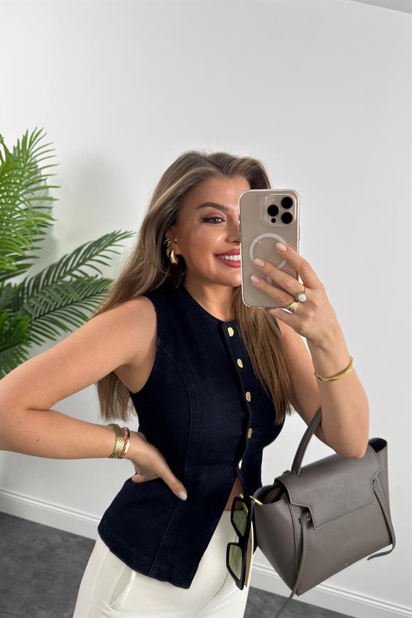 Premium Seri Likralı Gold Düğmeli Jean Yelek