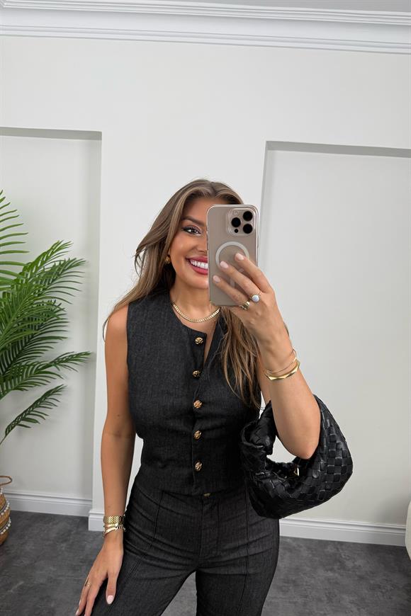 Premium Seri Likralı Jean Yelek Pantolon Takım Antrasit