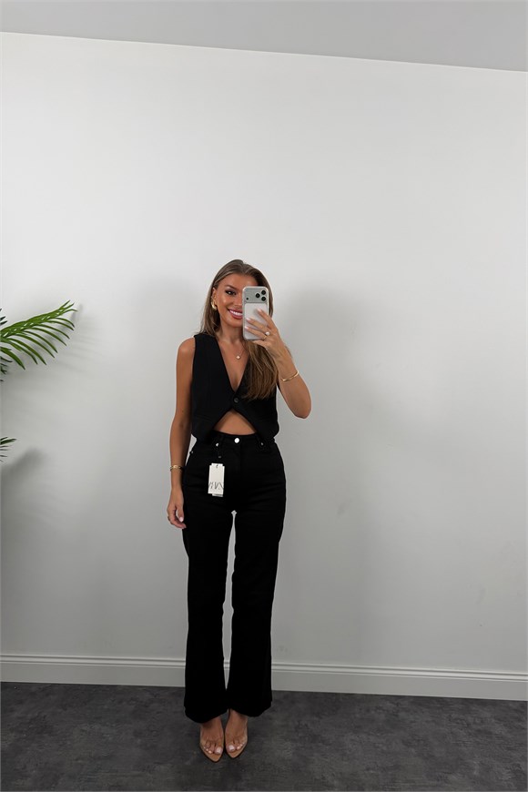 Premium Seri Lİkralı Kesik Paça Alexa Bol Paça Jean Süper Black
