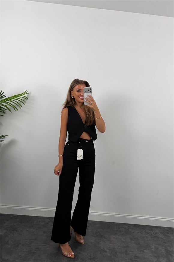 Premium Seri Lİkralı Kesik Paça Alexa Bol Paça Jean Süper Black