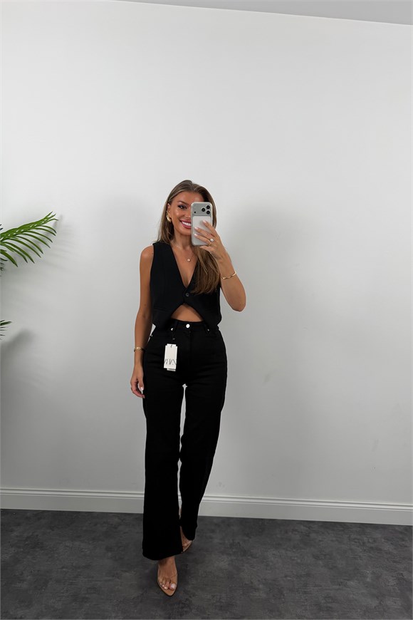 Premium Seri Lİkralı Kesik Paça Alexa Bol Paça Jean Süper Black