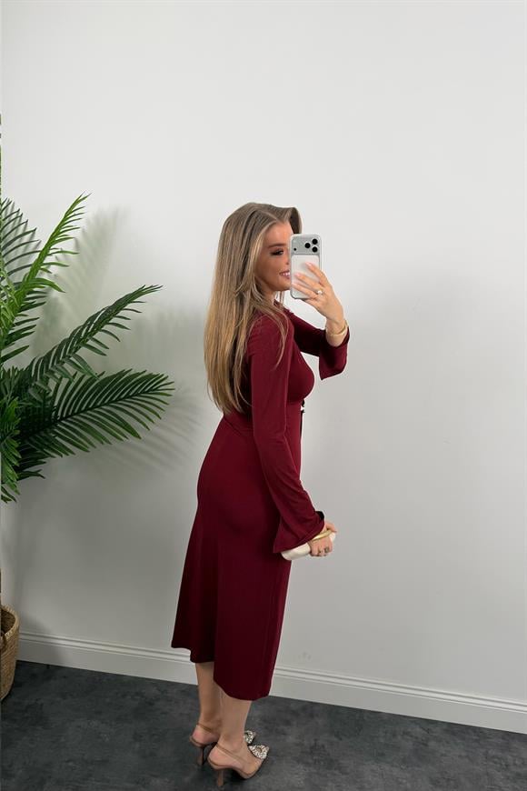 Premium Seri Likralı Kruvaze Midi Boy Elbise Bordo
