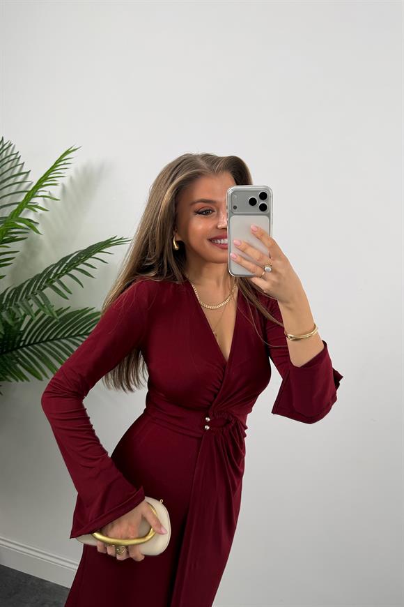Premium Seri Likralı Kruvaze Midi Boy Elbise Bordo
