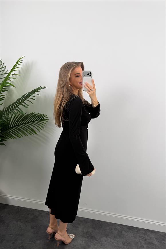 Premium Seri Likralı Kruvaze Midi Boy Elbise Siyah