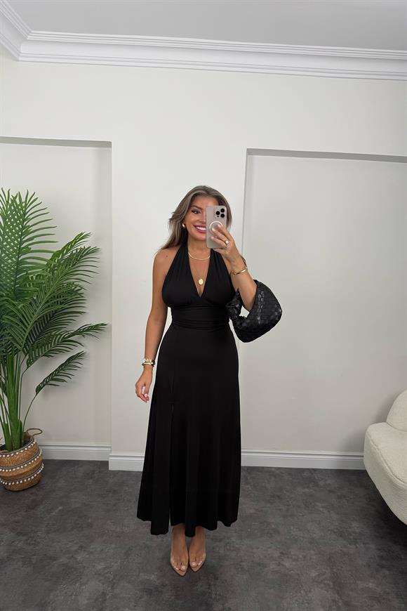 Premium Seri Likralı Yırtmaçlı Sırt Dekolteli Maxi Elbise