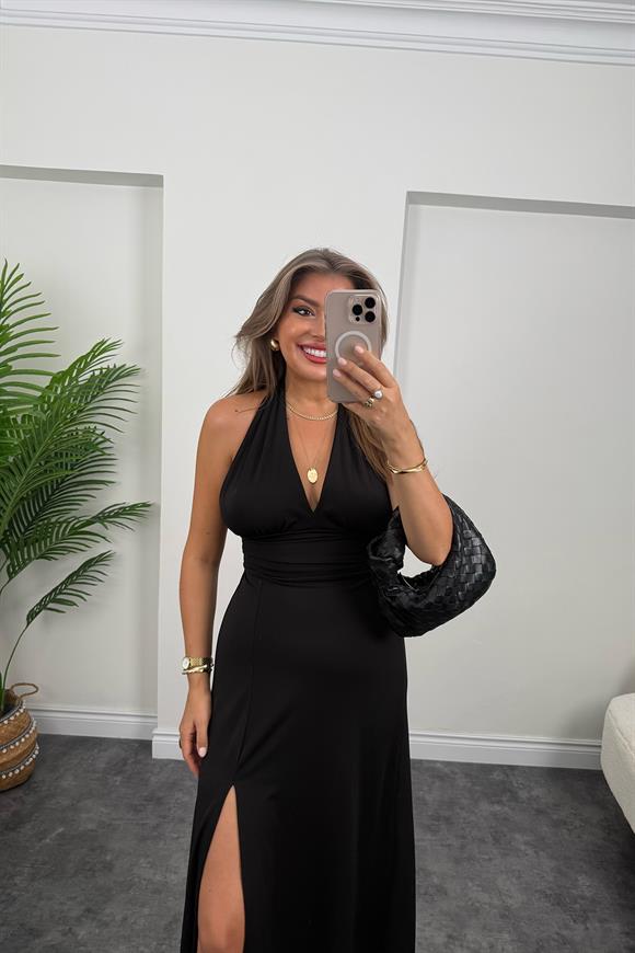 Premium Seri Likralı Yırtmaçlı Sırt Dekolteli Maxi Elbise