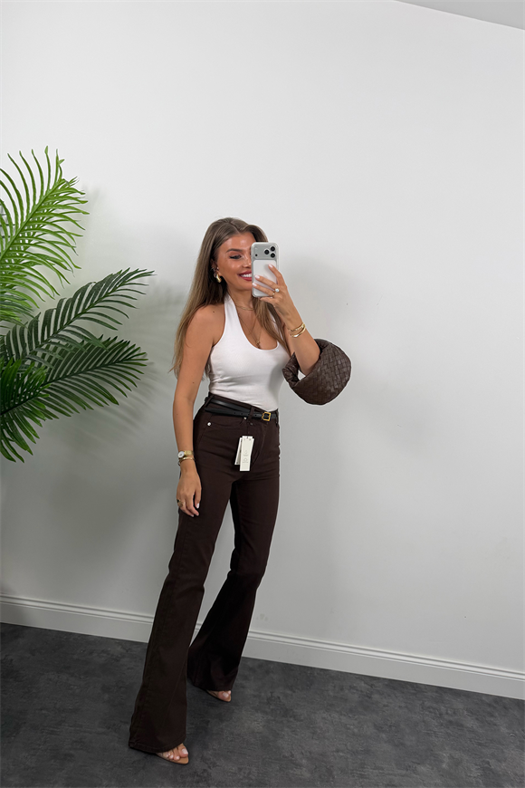 Premium Seri Likralı Yüksek Bel İspanyol Jean Acı Kahve