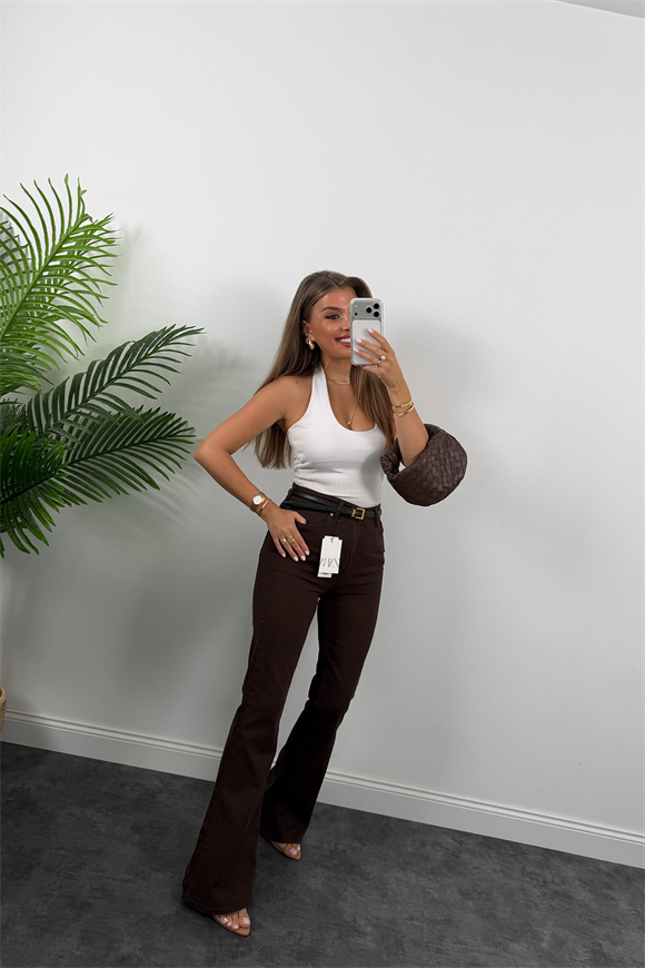 Premium Seri Likralı Yüksek Bel İspanyol Jean Acı Kahve