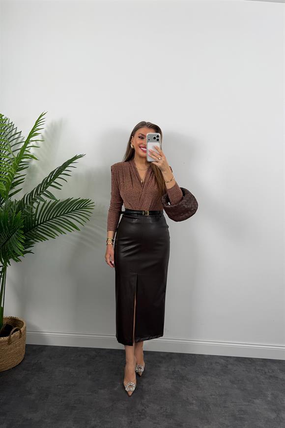 Premium Seri Likralı Yumuşak Deri Kalem Etek Acı Kahve