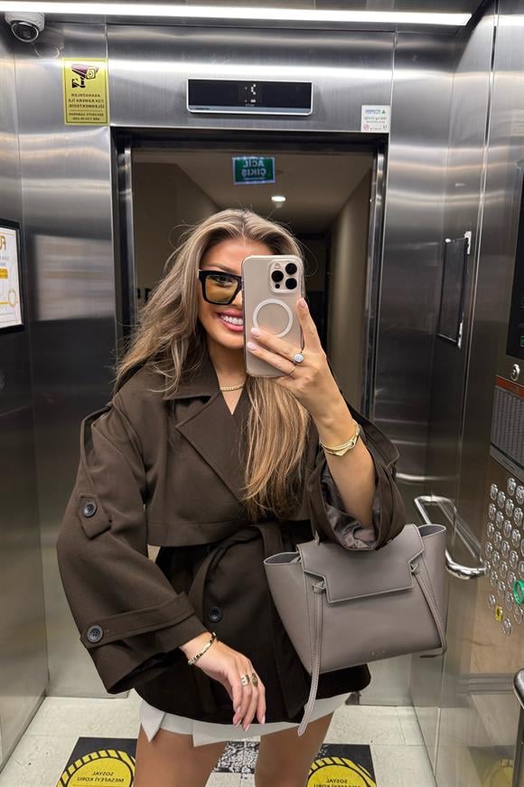 Premium Seri Lüx Double Kumaş Orta Boy Trençkot Acı Kahve