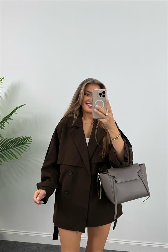 Premium Seri Lüx Double Kumaş Orta Boy Trençkot Acı Kahve