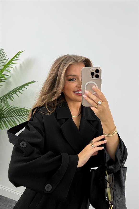 Premium Seri Lüx Double Kumaş Orta Boy Trençkot Siyah