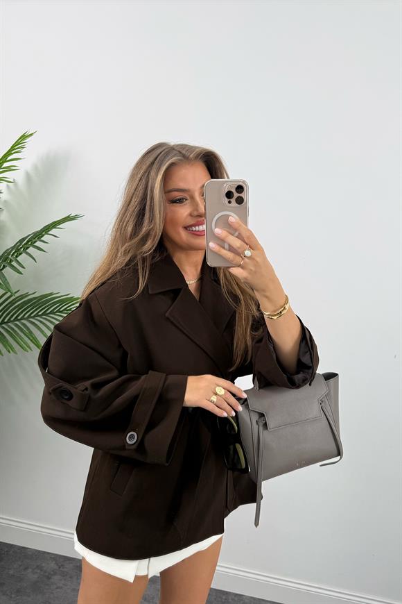 Premium Seri Lüx Double Kumaş Orta Boy Trençkot Acı Kahve