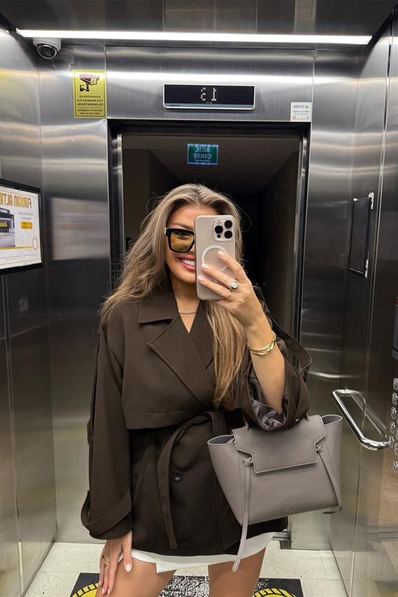 Premium Seri Lüx Double Kumaş Orta Boy Trençkot Acı Kahve