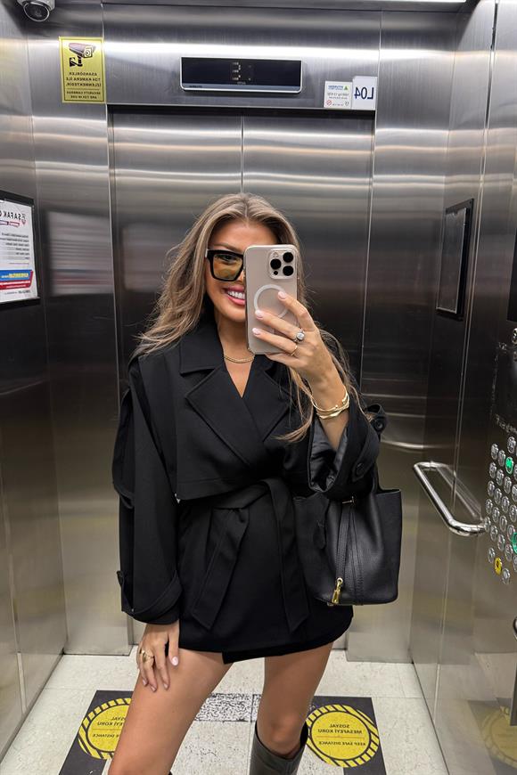 Premium Seri Lüx Double Kumaş Orta Boy Trençkot Siyah