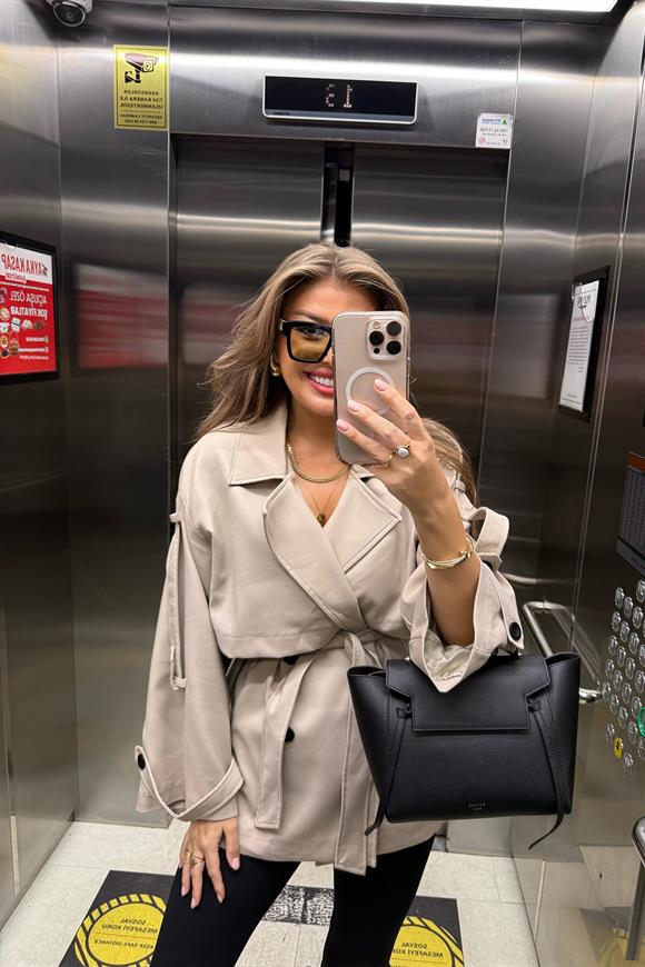 Premium Seri Lüx Poliviskon Trençkot Orta Boy Taş