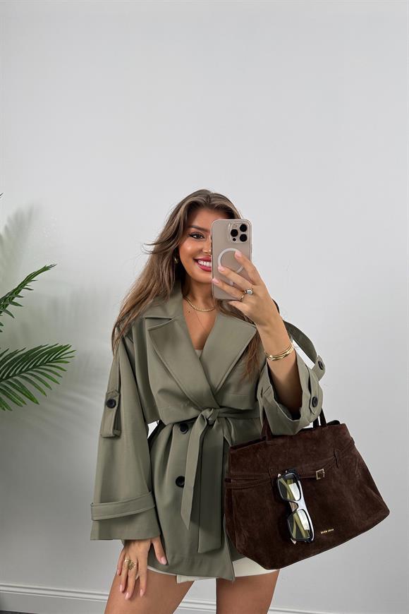 Premium Seri Lüx Poliviskon Trençkot Orta Boy Haki