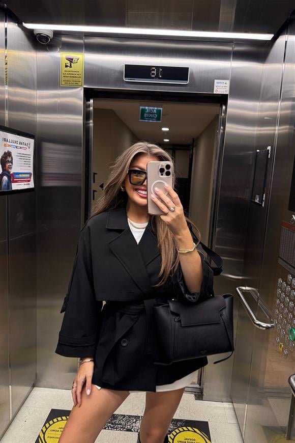 Premium Seri Lüx Poliviskon Trençkot Orta Boy Siyah