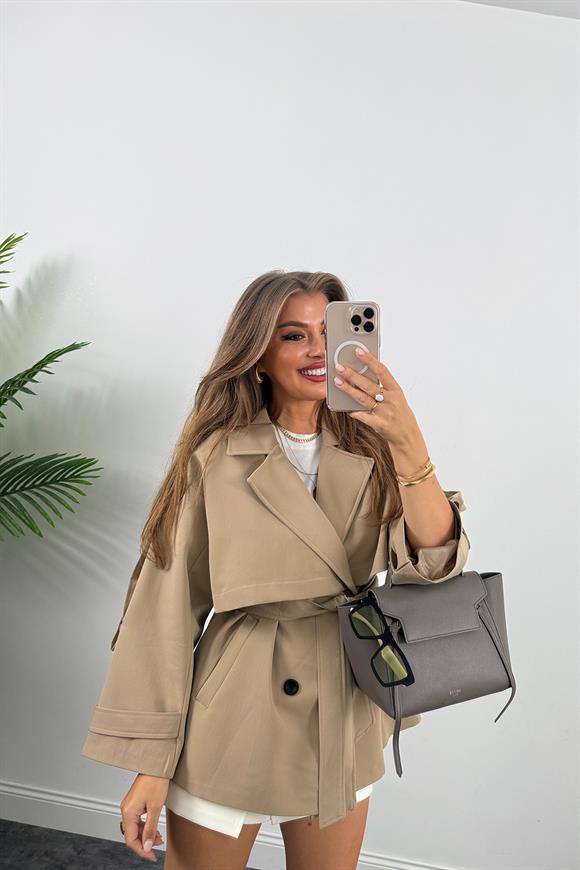 Premium Seri Lüx Poliviskon Trençkot Orta Boy Camel
