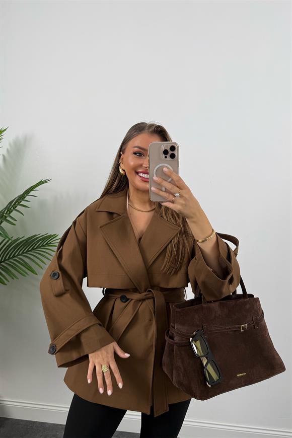 Premium Seri Lüx Poliviskon Trençkot Orta Boy Kahverengi