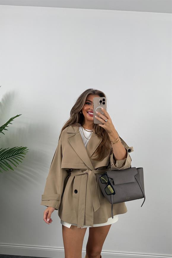 Premium Seri Lüx Poliviskon Trençkot Orta Boy Camel