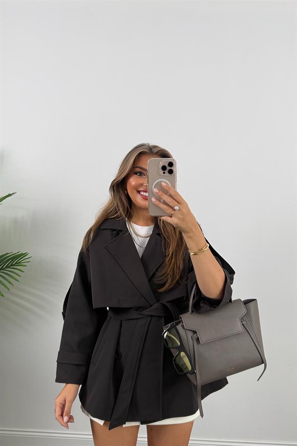 Premium Seri Lüx Poliviskon Trençkot Orta Boy Koyu Kahve