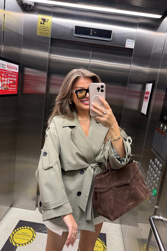 Premium Seri Lüx Poliviskon Trençkot Orta Boy Haki