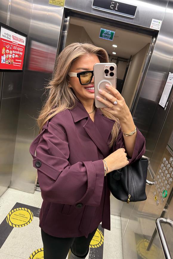 Premium Seri Lüx Poliviskon Trençkot Orta Boy Mürdüm