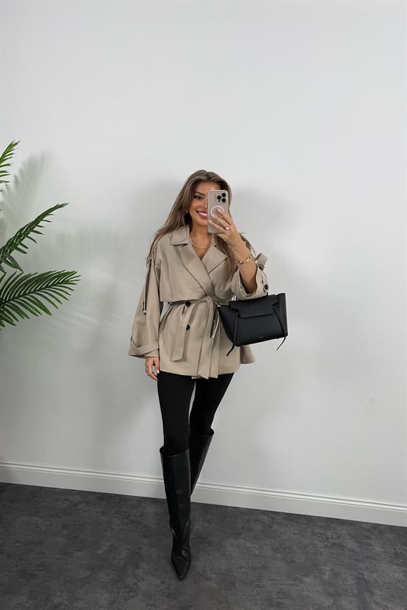 Premium Seri Lüx Poliviskon Trençkot Orta Boy Taş