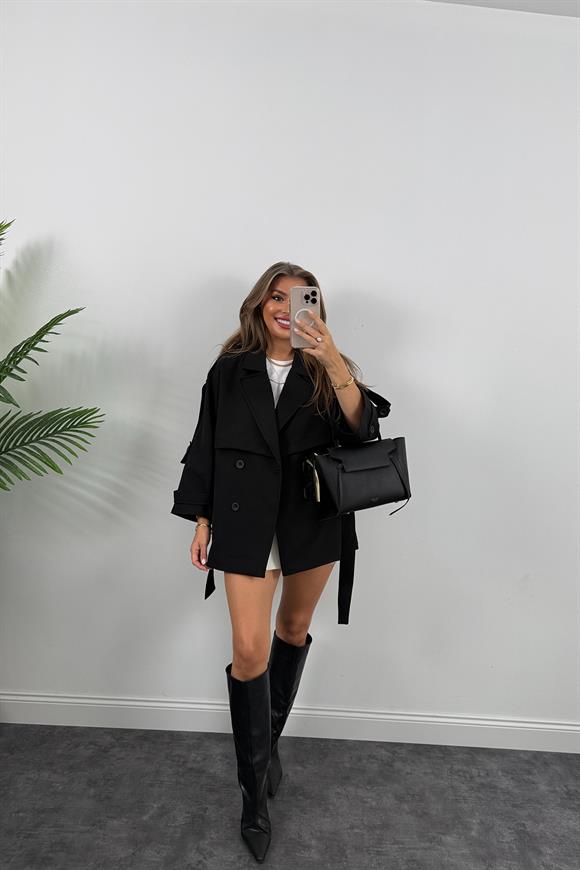 Premium Seri Lüx Poliviskon Trençkot Orta Boy Siyah