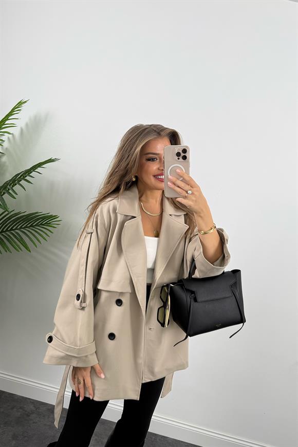 Premium Seri Lüx Poliviskon Trençkot Orta Boy Taş