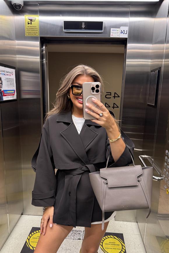 Premium Seri Lüx Poliviskon Trençkot Orta Boy Koyu Kahve